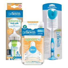 DR.BROWN’S Láhev kojenecká sklo 270ml +Savičky náhradní na láhev level-2 2ks +Kartáč na láhve modrá