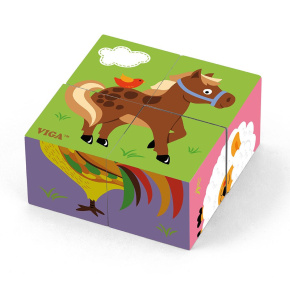 Dřevěné puzzle kostky pro nejmenší Viga Farma Multicolor 