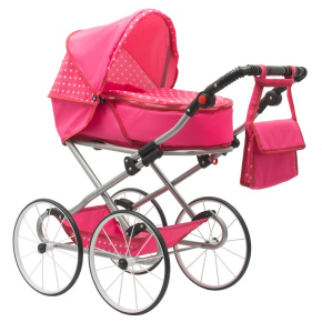 Dětský Retro kočárek pro panenky 2v1 New Baby Anetka růžový s puntíky Růžová 