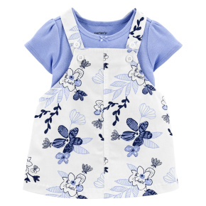 CARTER'S Set 2dílný body kr. rukáv, šaty na kšandy Blue Floral dívka 12m