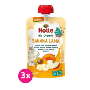 3x HOLLE Bio-Organic Banana Lama ovocné pyré banán, jablko, mango, meruňka, 100 g (6m+)