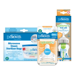 DR.BROWN’S Láhev kojenecká sklo 270ml +Savičky na láhev level-2 2ks +Sáčky na sterilizaci lahví 5ks
