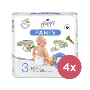 4x BELLA HAPPY Pants Kalhotky plenkové jednorázové 3 Midi (6-11 kg) 26 ks