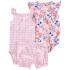 CARTER'S Set 3dílný body na ramínka, body kr. rukáv, kraťasy Purple Flowers holka 9m