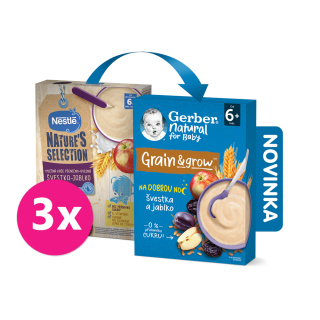 3x GERBER Natural mléčná kaše pšenično-ovesná jablko a švestka 220 g