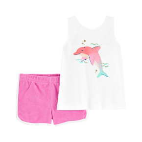 CARTER'S Set 2dílný triko na ramínka, kraťasy Pink Dolphin holka 24m