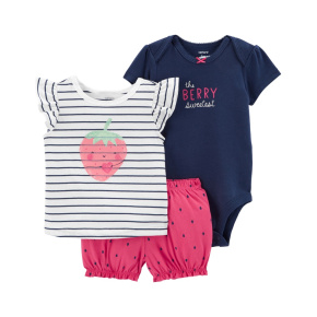 CARTER'S Set 3dílný body kr. rukáv, triko kr. rukáv, kraťasy Strawberry Stripes holka 9m