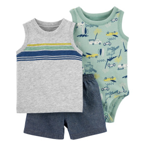 CARTER'S Set 3dílný body bez rukávů, tílko, kraťasy Grey Cars kluk 3m