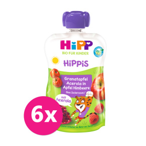 6x HIPP BIO HiPPiS Jablko-Maliny-Granátové jablko-Acerola od uk. 1. roku, 100 g
