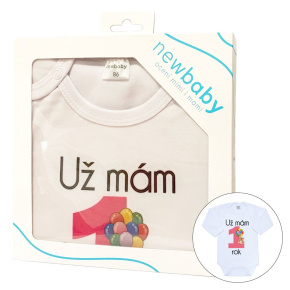 Body s potiskem New Baby Už mám 1 rok růžové - dárkové balení Růžová 80 (9-12m)