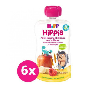6x HIPP BIO HiPPiS Jablko-Banán-Maliny-Celozrnné obiloviny od uk. 1. roku, 100 g