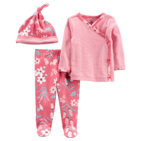 CARTER'S Set 3dílný polodupačky, tričko dl. rukáv zavinovací, čepice Pink Flower dívka LBB NB/ vel.