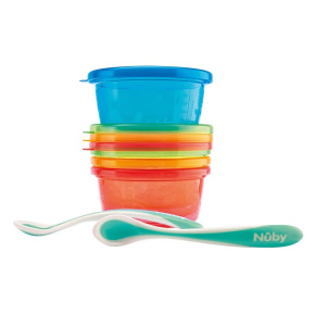 NUBY Set na jídlo 4 misky s víčkem 300 ml a 2 lžičky 3m+