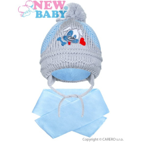 Zimní dětská čepička se šálou New Baby pejsek světle modrá Modrá 104 (3-4r)