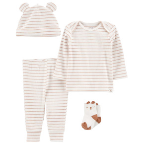 CARTER'S Set 4dílný triko dl. rukáv, tepláky, čepice, ponožky Brown Stripes neutrál NB/vel. 56